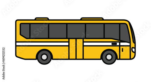Cartoon illustration of a yellow city bus with black outlines and large dark windows ready to pick up passengers for transportation