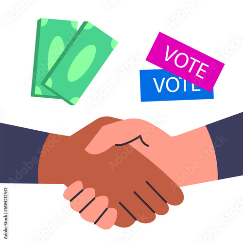 Handshake with money, buying fake votes, election fraud. Corruption concept vector illustration.