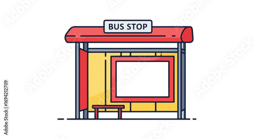 Illustrated Bus Stop Shelter with Advertising Space and Waiting Bench Provides Public Transportation Point 75 character