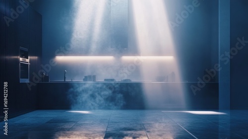 Ethereal kitchen bathed in light: A modern and surreal culinary space with atmospheric steam