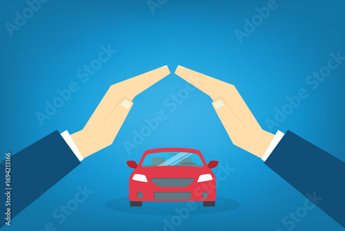 Car with a protective hands. For security concepts, protection of private property. Insurance, mortgage, credit.	