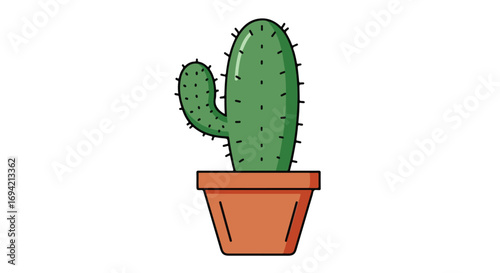 Cartoon cactus in a pot, vibrant green succulent with sharp thorns and outline style illustration, isolated on white backdrop