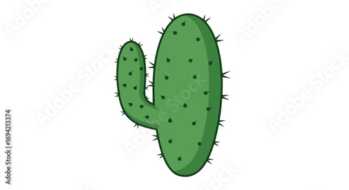 Illustration of a prickly cartoon cactus, a desert succulent with thick green skin and menacing thorns isolated on a white background, suitable for