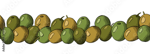 Olive green berry seamless horizontal border. Vector graphic line ink colored illustration. Greek oil fruit, farm harvest. Art ink horizontal frieze. Packaging print for food design