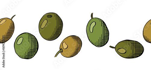 Elegant Olive berry seamless horizontal border. Vector graphic line ink colored illustration. For poster, flyer, banner, invitation, social media, party or sale web, package, sticker.