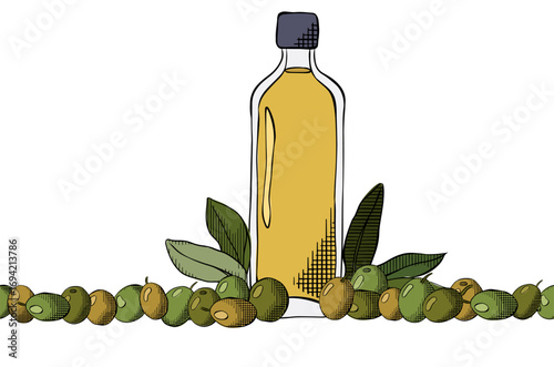 Olive oil bottle and olive berries seamless horizontal border. Vector graphic line ink colored illustration. design for fashion graphics, textile prints, fabrics, wallpapers.
