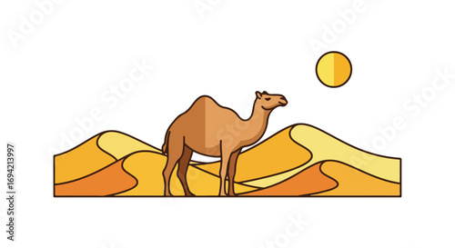 Stylized camel illustration set against a minimalist desert landscape with a geometric sun overhead portraying serenity and solitude in the arid