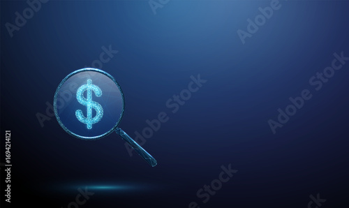 Dollar sign under a magnifying glass. Financial analysis, investment evaluation, audit, economic research, financial security, risk management concept.