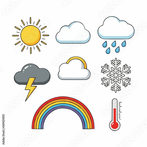Colorful Weather Icons Set: Sun, Clouds, Rain, Snow, Rainbow, Thermometer Illustrations