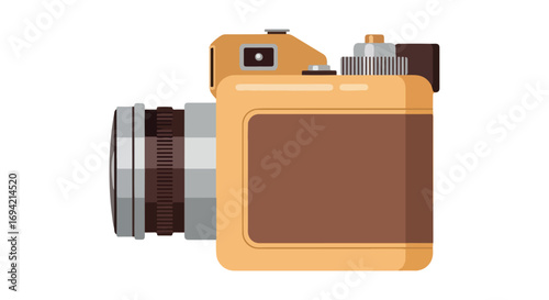 Vintage style illustration of a classic analog camera with retro design elements and warm color scheme perfect for photographic themes