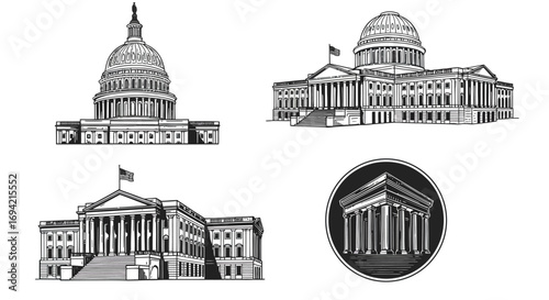 Collection of architectural drawings of capitol buildings isolated on white background, showcasing various perspectives and styles, perfect for architectural enthusiasts