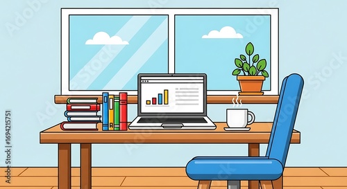 Stylized home office setup with rising bar graph on the laptop screen