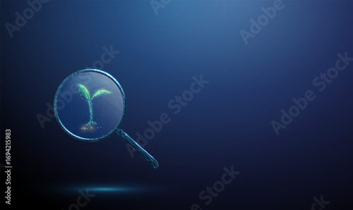 3d green plant under a magnifying glass. Plant growth monitoring, analysis, diagnostics, pest control, biological research, ecology, concept.