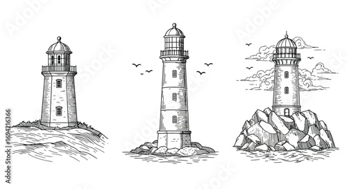 Three lighthouse sketches isolated on white background, each showing a different perspective and style, with detailed line work and shading, evoking a sense of nostalgia