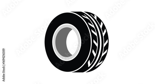 Stylized vector illustration showcases a black and white tire with distinctive tread pattern depicting automotive rubber part for vehicles and