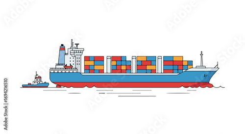 Illustrated cargo ship carrying container boxes alongside a tugboat on the water isolated on a white background