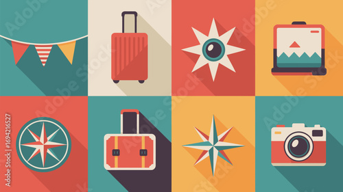 Flat design travel icons including suitcases compass camera and bunting on colorful square backgrounds