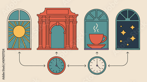 Illustration showing windows representing different times of day with clocks indicating time flow