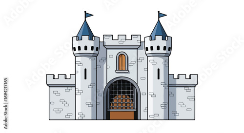 A charming cartoon illustration of a medieval castle with two towers and a robust fortified gate providing a sense of security and magical ambiance