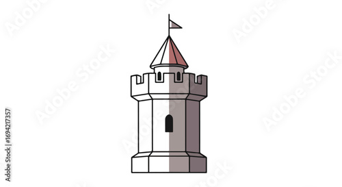 Isolated cartoon castle tower evoking fairy tales and imaginative realms representing strength and architectural heritage against plain background