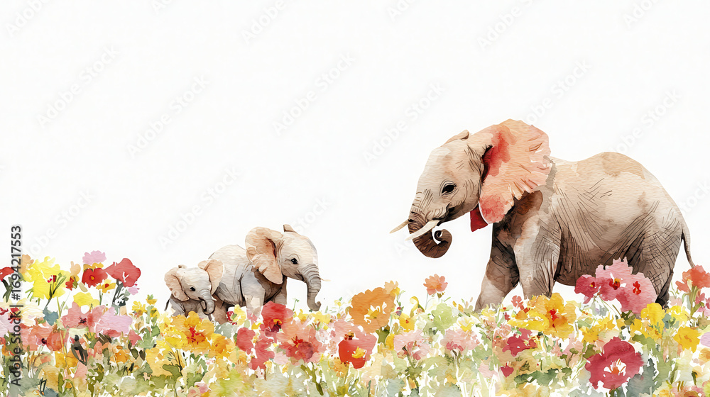 Fototapeta Family of elephants walking through vibrant field of flowers, showcasing joyful and serene atmosphere