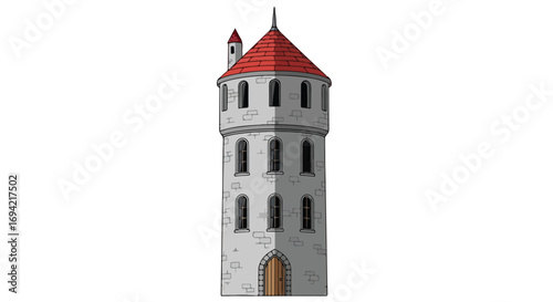 Stylized illustration of a medieval watchtower with red roof against a white background showcasing architectural detail and design, perfect for