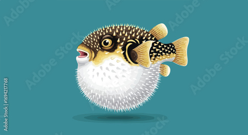 Stylized pufferfish illustration with spikes and fins on a serene blue backdrop perfect for children's media