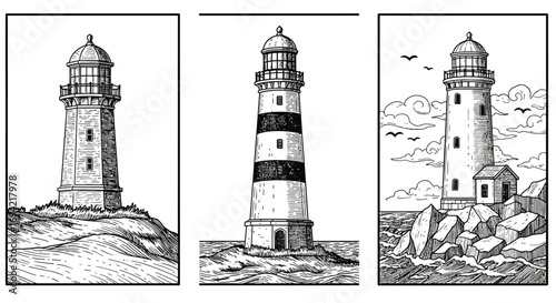Three lighthouse sketches isolated on white background, each showing a different perspective and style, with detailed line work and shading, evoking a sense of nostalgia