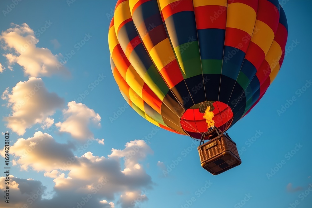 Fototapeta premium A vibrant hot air balloon soaring through a bright blue sky with fluffy clouds