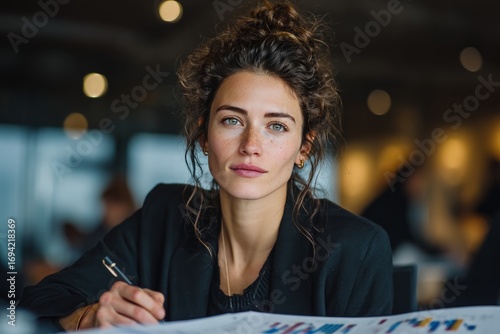 Focused businesswoman in modern office setting
