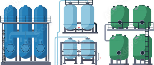 Flat vector illustration of industrial water filtration tanks, clean water purification system, pressure filters, and treatment plant