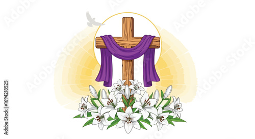 Symbolic depiction of faith and renewal featuring a cross, draped cloth, lilies, and a dove, conveying themes of hope and belief