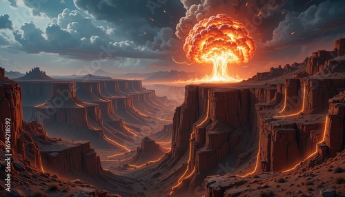 Dramatic canyon landscape with vibrant explosion and glowing details for impactful visuals and storytelling