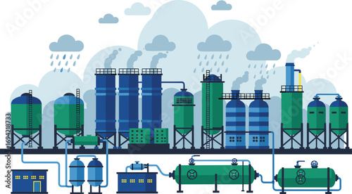 Industrial chemical plant with large storage tanks, pipes, rain clouds, environmental impact, manufacturing facility, factory infrastructure, energy production, pollution control