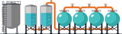 Industrial filtration system vector with water tanks, pressure vessels, orange piping, chemical processing plant equipment, and liquid treatment setup