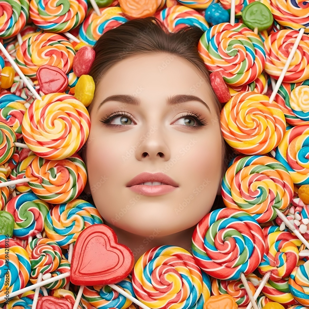 Fototapeta premium woman head surrounded by colorful lollipops and candies