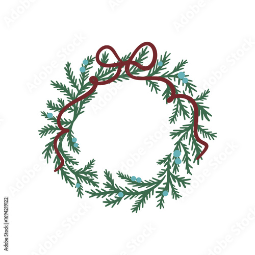 Christmas wreath made of green fir branches decorated with blue berries and brown bow. Hand drawn vector illustration isolated on white. Winter holiday decoration. Design for greeting card, invitation