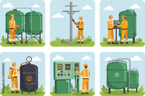 Industrial maintenance workers operating control panels, cleaning storage tanks, inspecting valves, and managing factory systems in vector illustrations