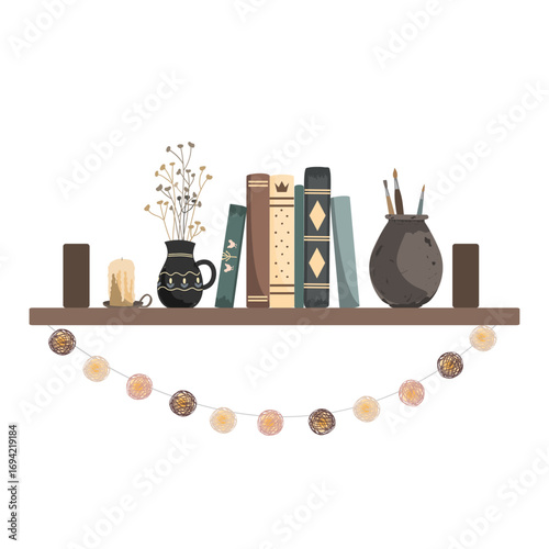 Book shelf with vintage books, jugs, ball lighting garland and candle. Vector isolated illustration.