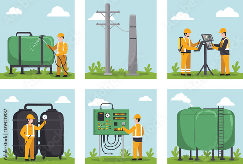 Industrial maintenance workers operating control panels, cleaning storage tanks, inspecting valves, and managing factory systems in vector illustrations