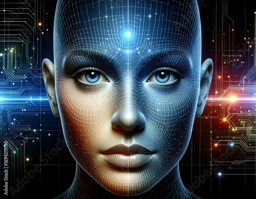 Futuristic AI woman face with digital network