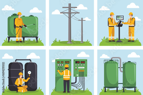 Industrial maintenance workers operating control panels, cleaning storage tanks, inspecting valves, and managing factory systems in vector illustrations