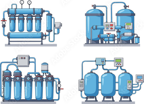 Industrial water filtration systems, reverse osmosis equipment, clean water processing, blue filter tanks, purification plant, pipeline, control panels, eco solution
