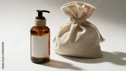 Amber Glass Pump Bottle with Neutral Tones and Burlap Fabric and copy space. mock up. skin care. cosme. perfume.