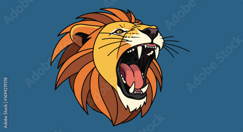 Stylized lion roaring head illustration with vibrant mane on a solid blue backdrop depicting strength