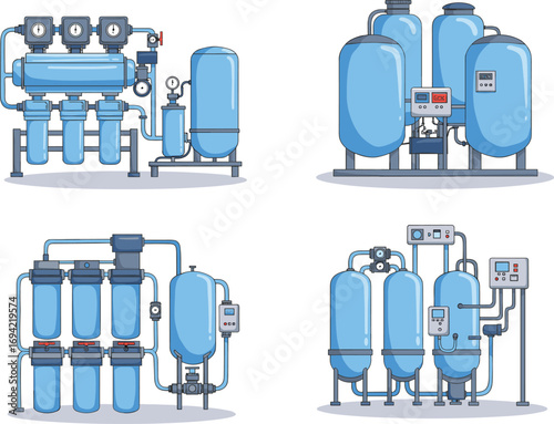 Industrial water filtration systems, reverse osmosis equipment, clean water processing, blue filter tanks, purification plant, pipeline, control panels, eco solution