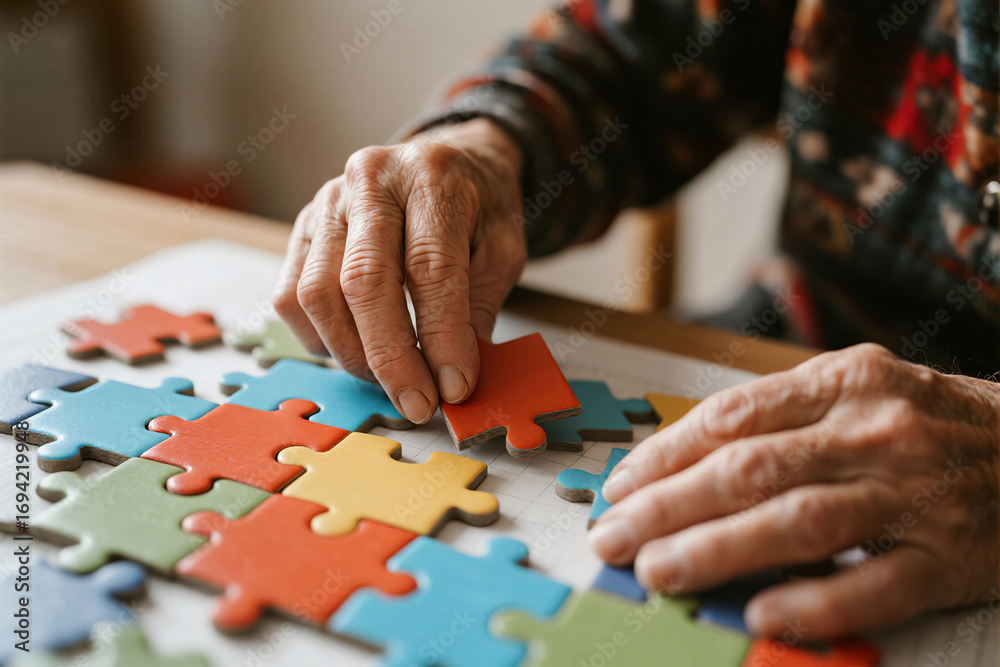 Fototapeta premium Senior wrinkled hands organizing vibrant puzzle pieces on wooden table, blurred background with warm natural light, brain exercise and Alzheimer’s prevention theme