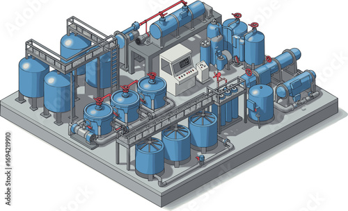 Industrial water treatment plant system, filtration tanks, chemical processing, machinery, piping, valves, pumps, modern technology, clean water, wastewater management.