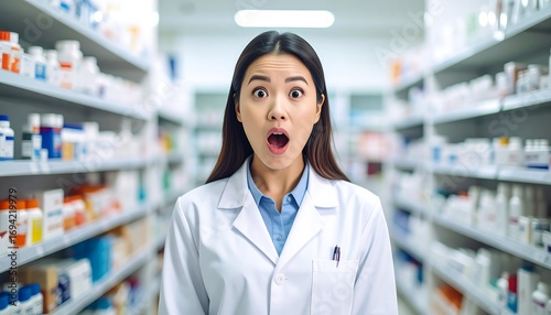 A surprised pharmacist in a pharmacy