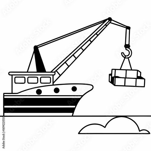 A black and white illustration of a cargo ship with a crane lifting boxes over the water with clouds below